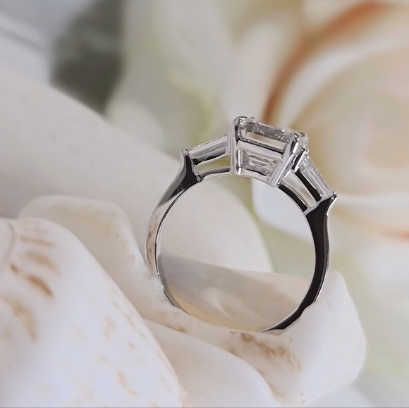 5.50 Carat Emerald & Baguette Three-Stone Moissanite Engagement Ring 14k Gold - Picture 4 of 5